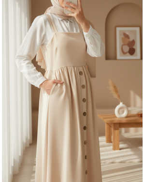 2490 Uzun Salopet Elbise - Krem