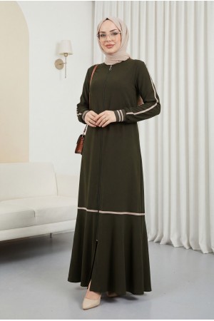 Çizgi Detaylı Haki Ferace 