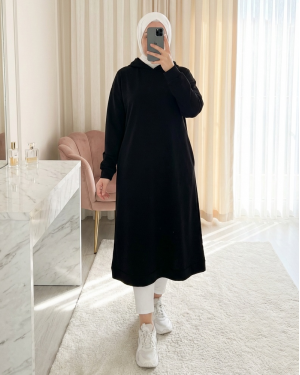 سويت شيرت أطلس ذو قلنسوة طويل بسيط أساسي