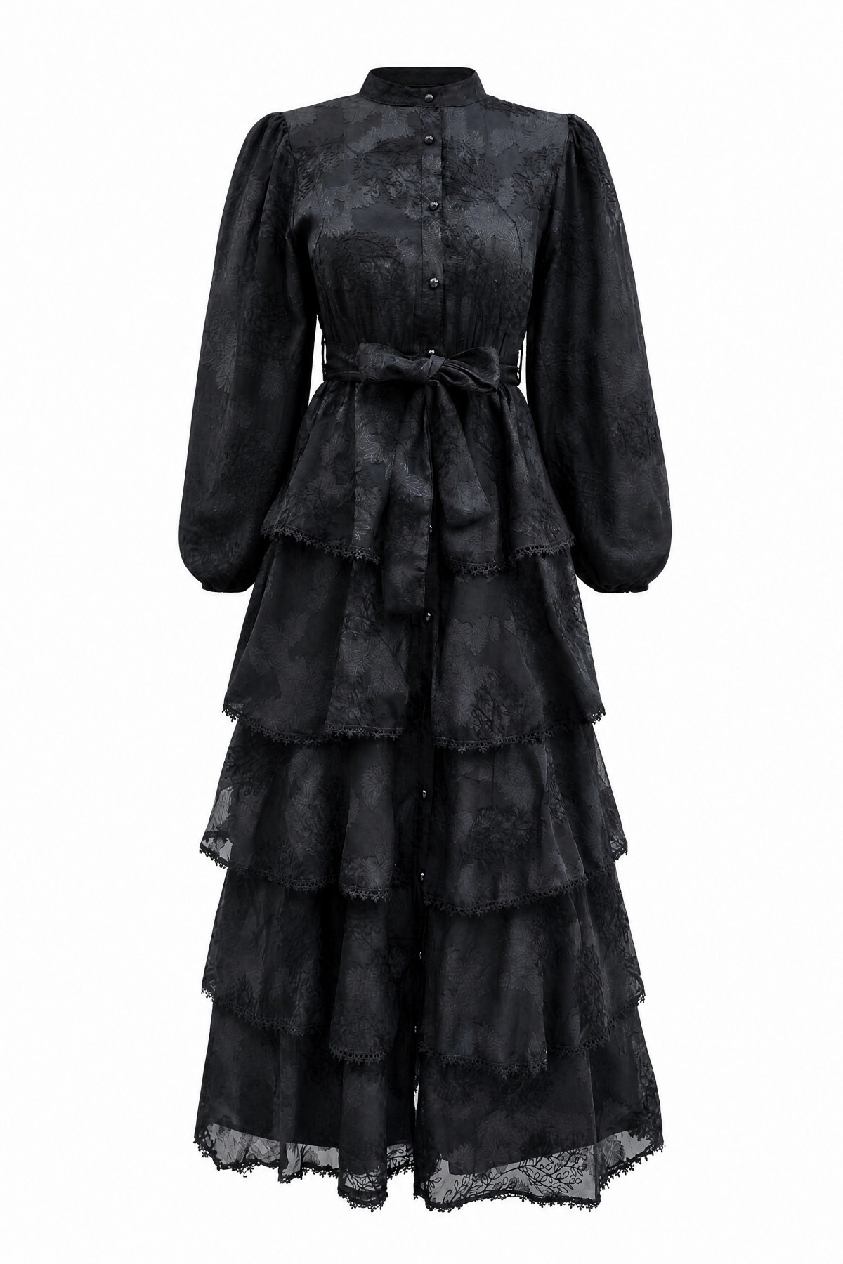 Belted, Lined, Layered, Embroidered, Full-Length Buttoned Chiffon Dress -Black