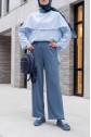 Elastic Waist Velvet Trousers with Pockets -Blue