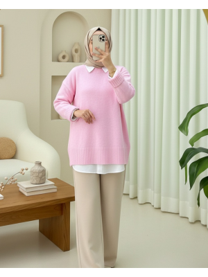 Eteği Ve Kolu Fitilli Salaş Triko Kazak -Pembe