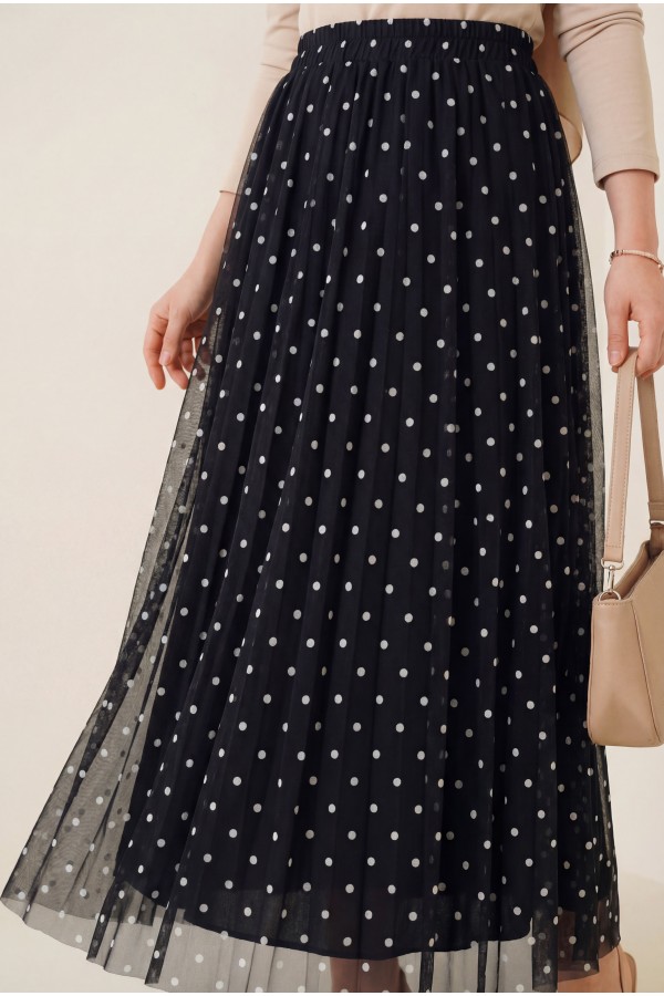 Polka Dot Lined Tulle Skirt with Elastic Waist  -Dark Coffee