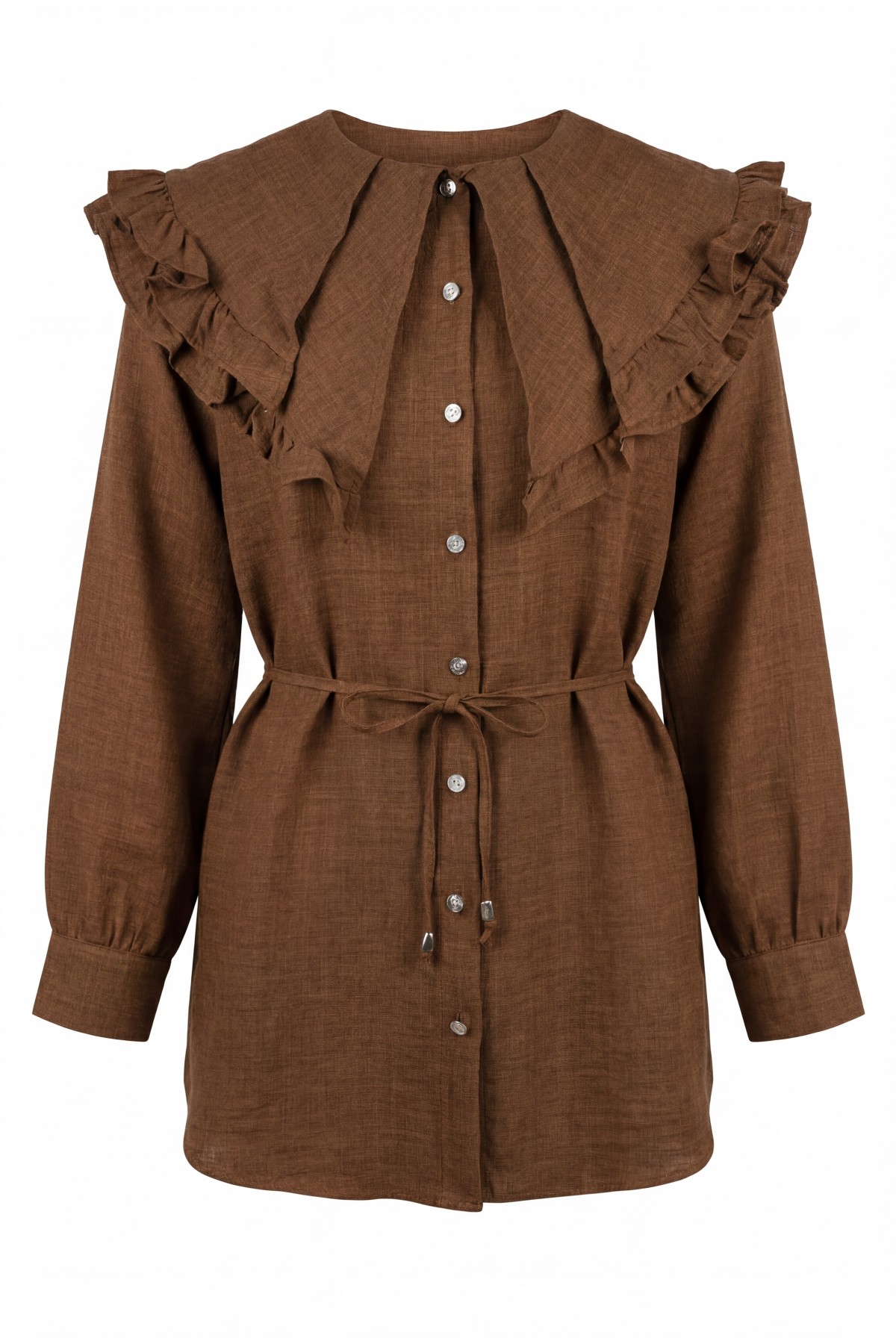Linen Tunic with Double Layer Ruffled Collar, Buttoned Waist, and Drawstring -Brown