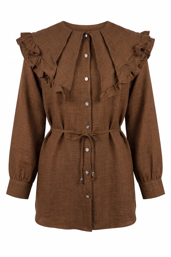 Linen Tunic with Double Layer Ruffled Collar, Buttoned Waist, and Drawstring -Brown