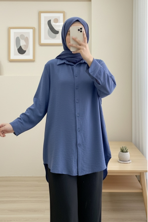 Arkası Uzun Düğmeli Poplin Gömlek -İndigo