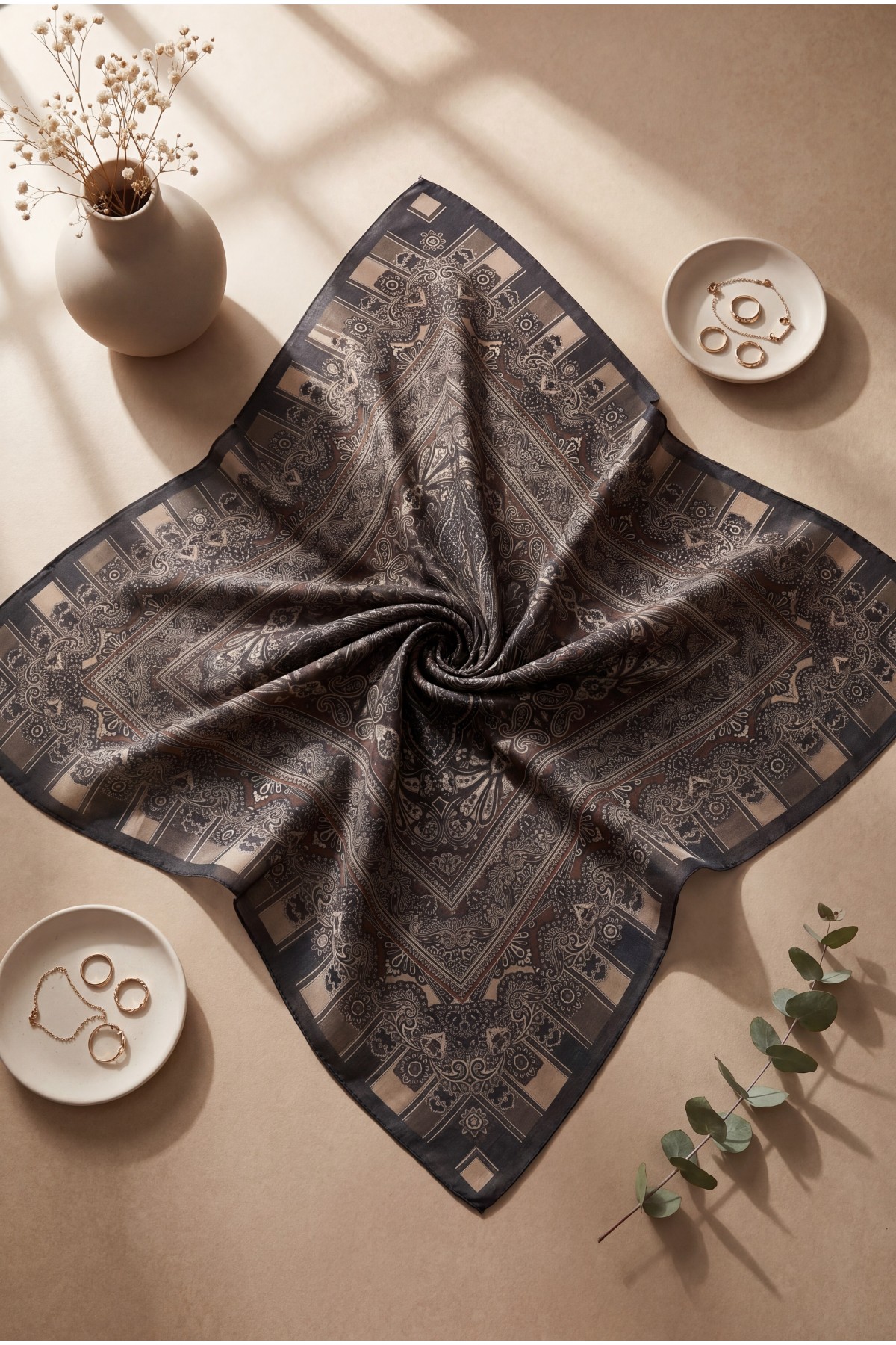 Authentic Patterned Cotton Scarf  -Anthracite