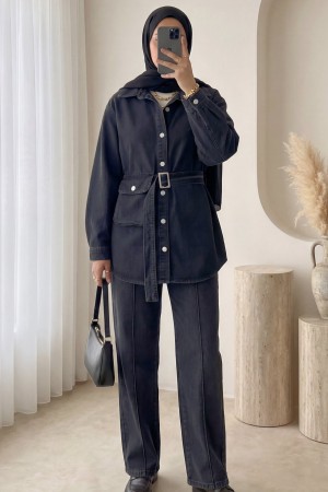 Çanta Cepli Çimalı Pantolonlu Kot Takım -Siyah