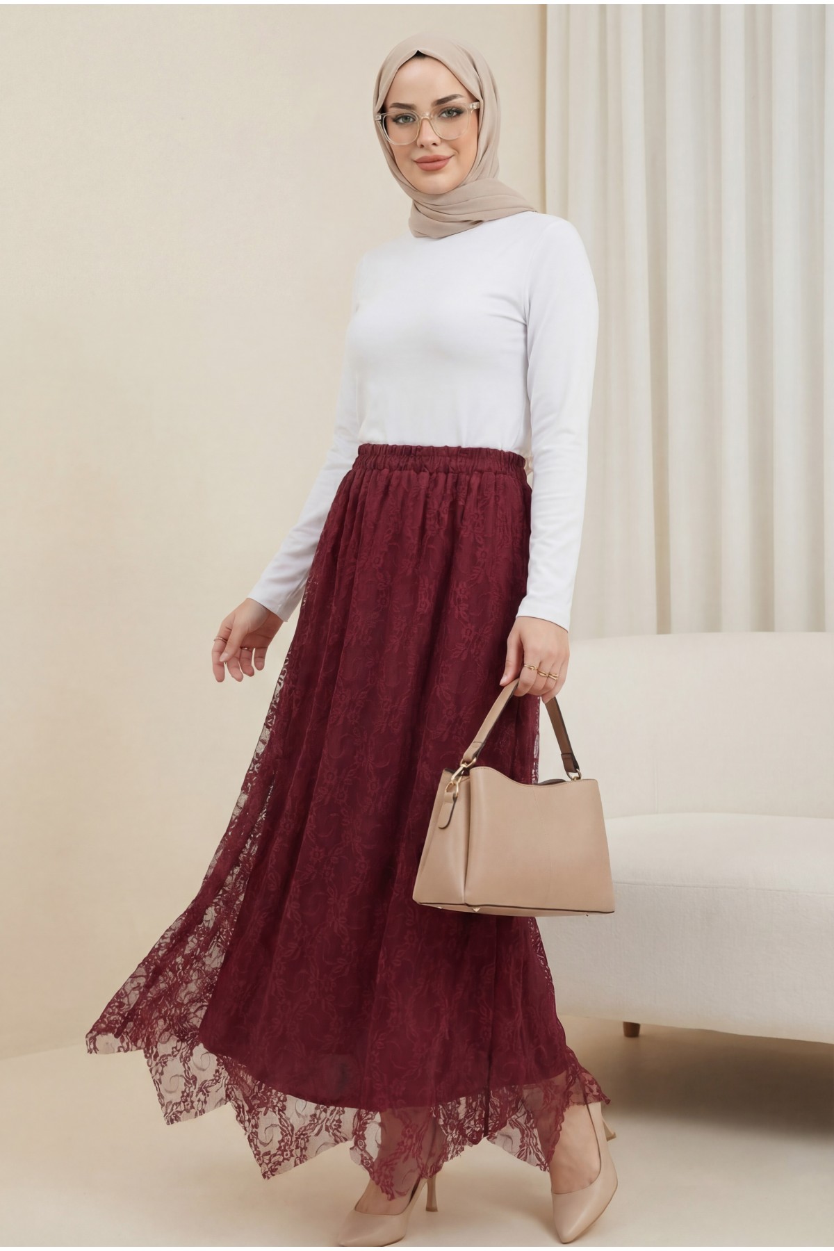 Asymmetrical Cut, Lined, Elastic Waist Tulle Skirt -Maroon
