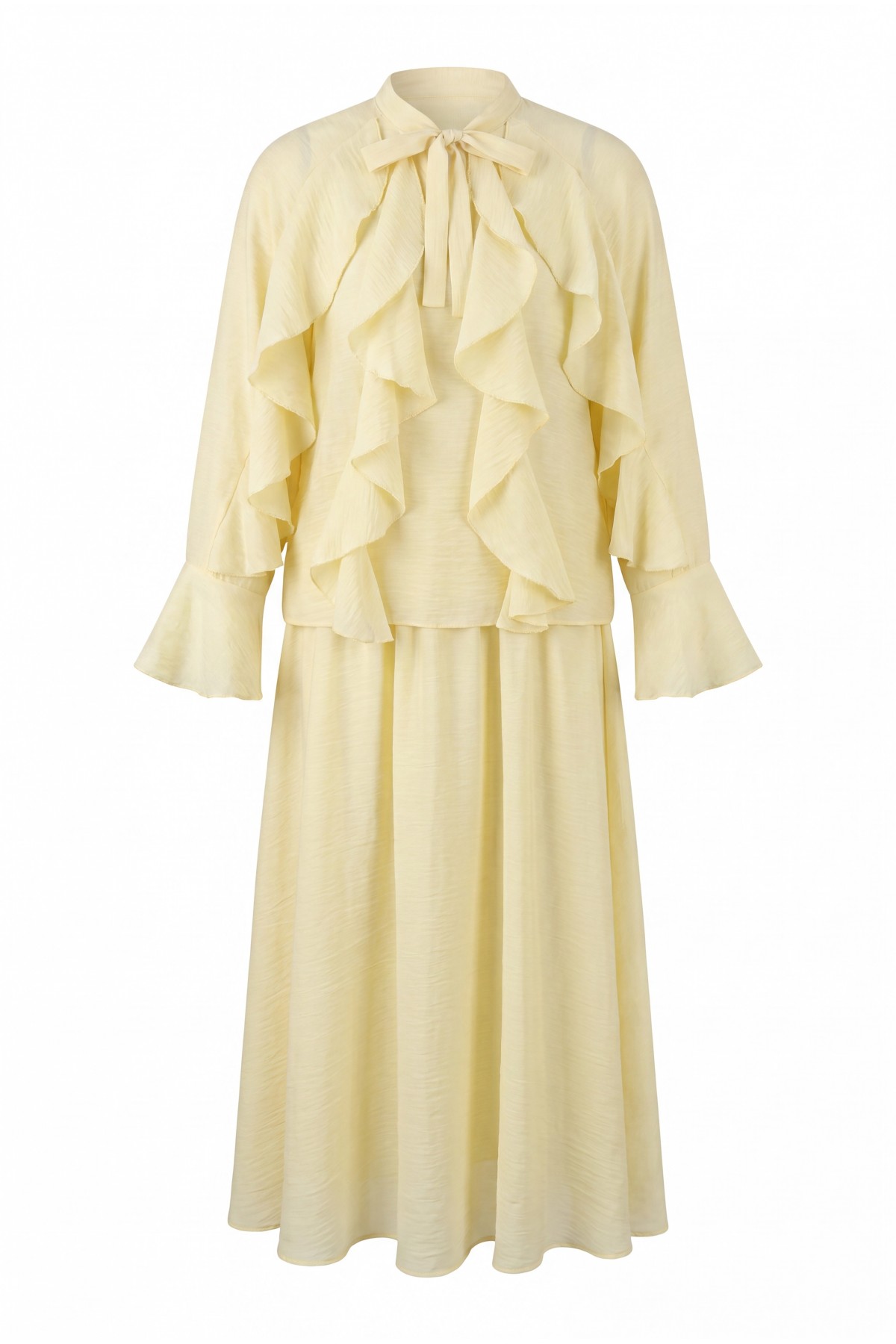 Lace-up Neckline Ruffle Detail Lined Modal Tulle Set -Light yellow
