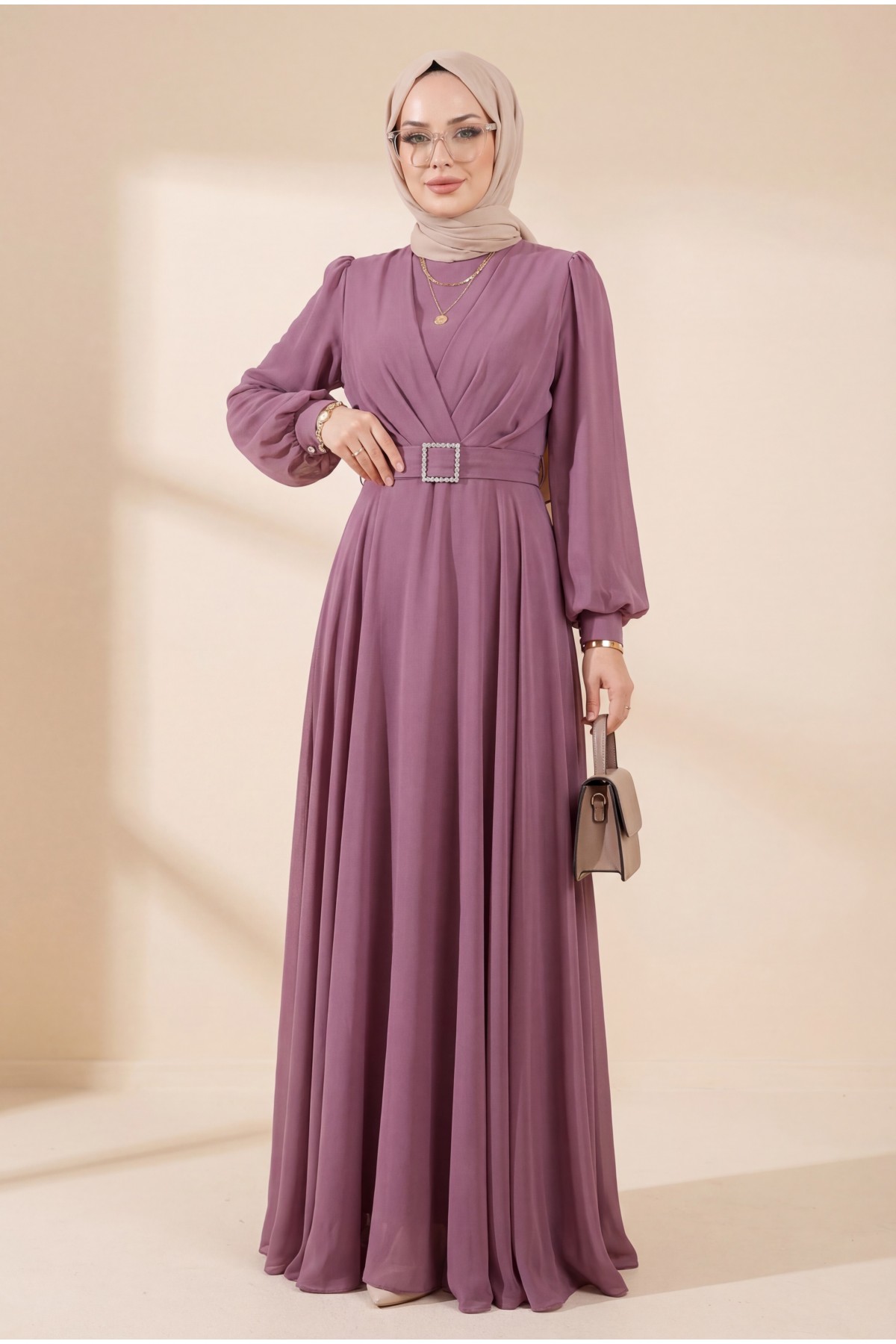 Belted Stone Front Pleated Hijab Dress  -Dried rose