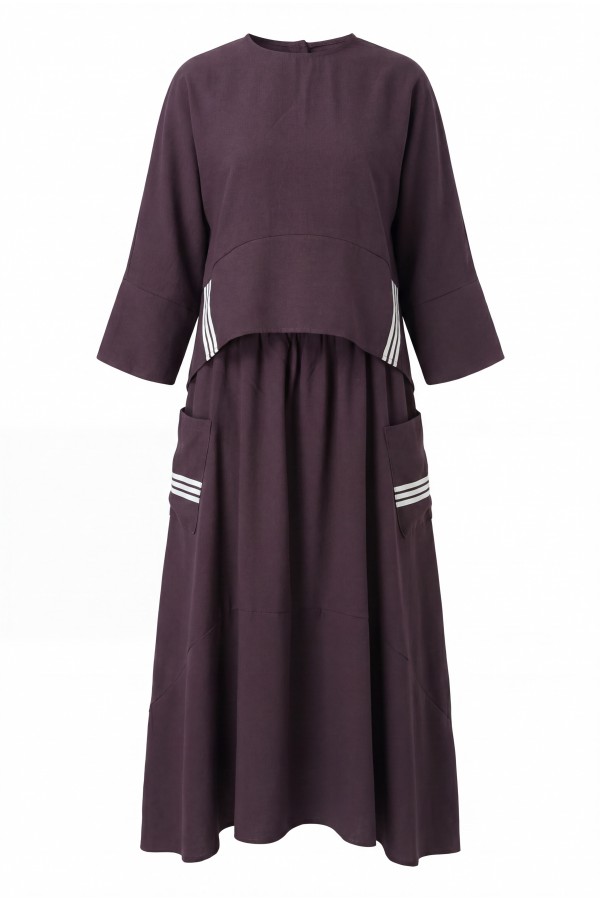 Striped, long-back skirt with pockets, elasticated waistband, modal cotton suit. -Cherry Color