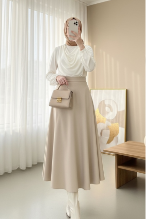 Loose Flared Scuba Puff Skirt     - Beige