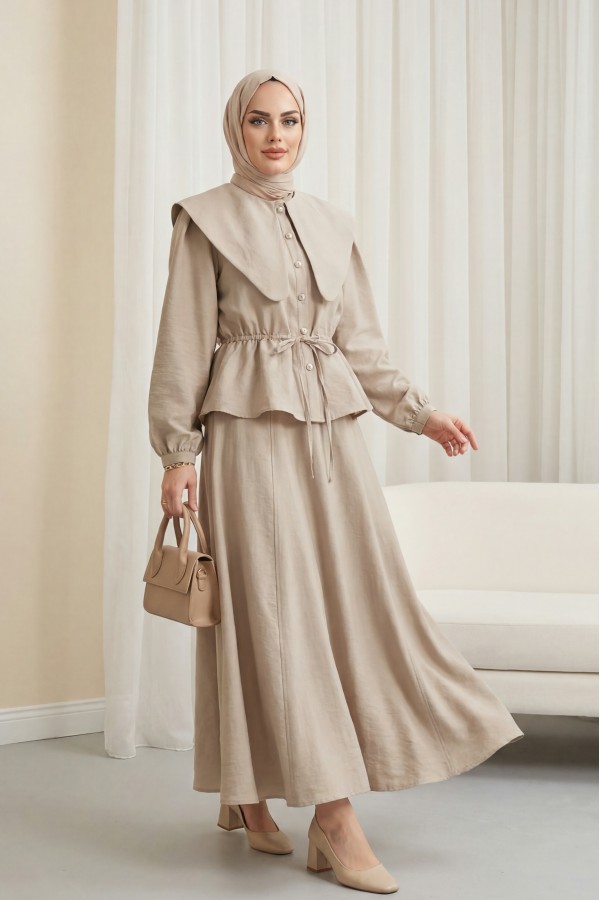 Seagull Collar, Elasticated Waist, Buttoned Skirt Cupra Suit -Stone