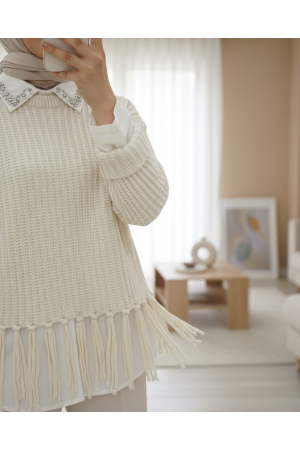 Eteği Püsküllü Kalın Örgü Kısa Kazak -Taş