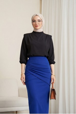 İçi Tulumlu Omuzdan Büzgülü Vatkalı Sendy Bluz -Siyah