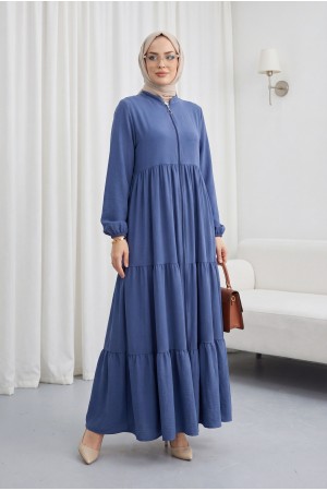 Boydan Fermuarlı Kolu Lastikli Parçalı Ayrobin Ferace -İndigo