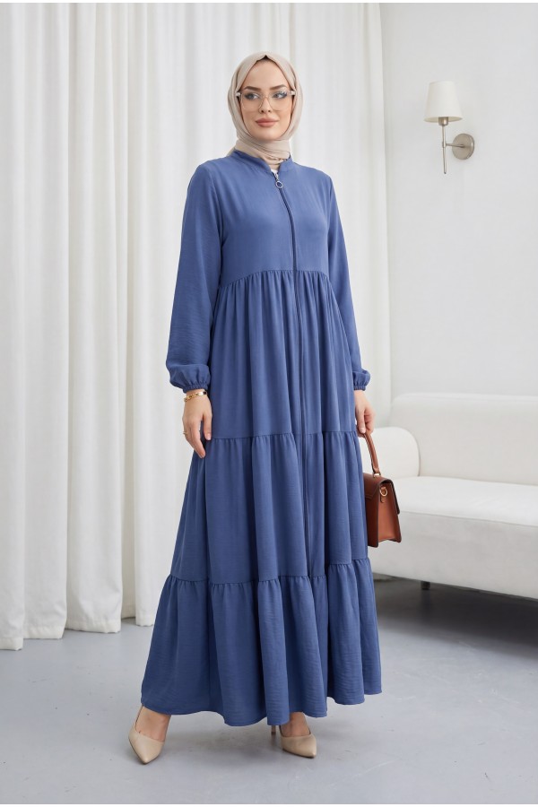 Ayrobin Abaya with Elasticated Sleeves and Zipper from the Neck -İndigo