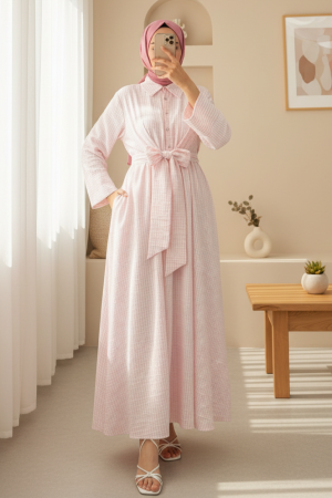 Yarım Düğmeli Beli Bağlamalı Çizgili Elbise -Pudra