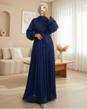 Kolu Lastikli Gül Broşlu Kemerli Janjan Şifon Abiye -Laci