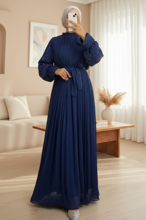 فستان سهرة شيفون من جانجان بأكمام مرنة ودبوس ورد وحزام -كحلي