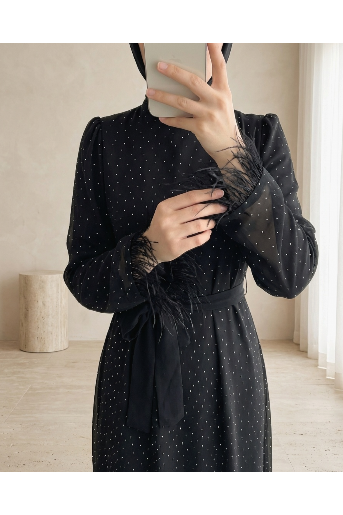 Belted Dress with Feathered Sleeves and Sprinkled Stone Details -Black