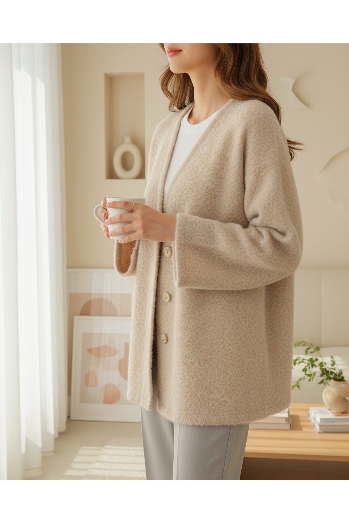 V-Neck Buttoned Bearded Cape - Beige