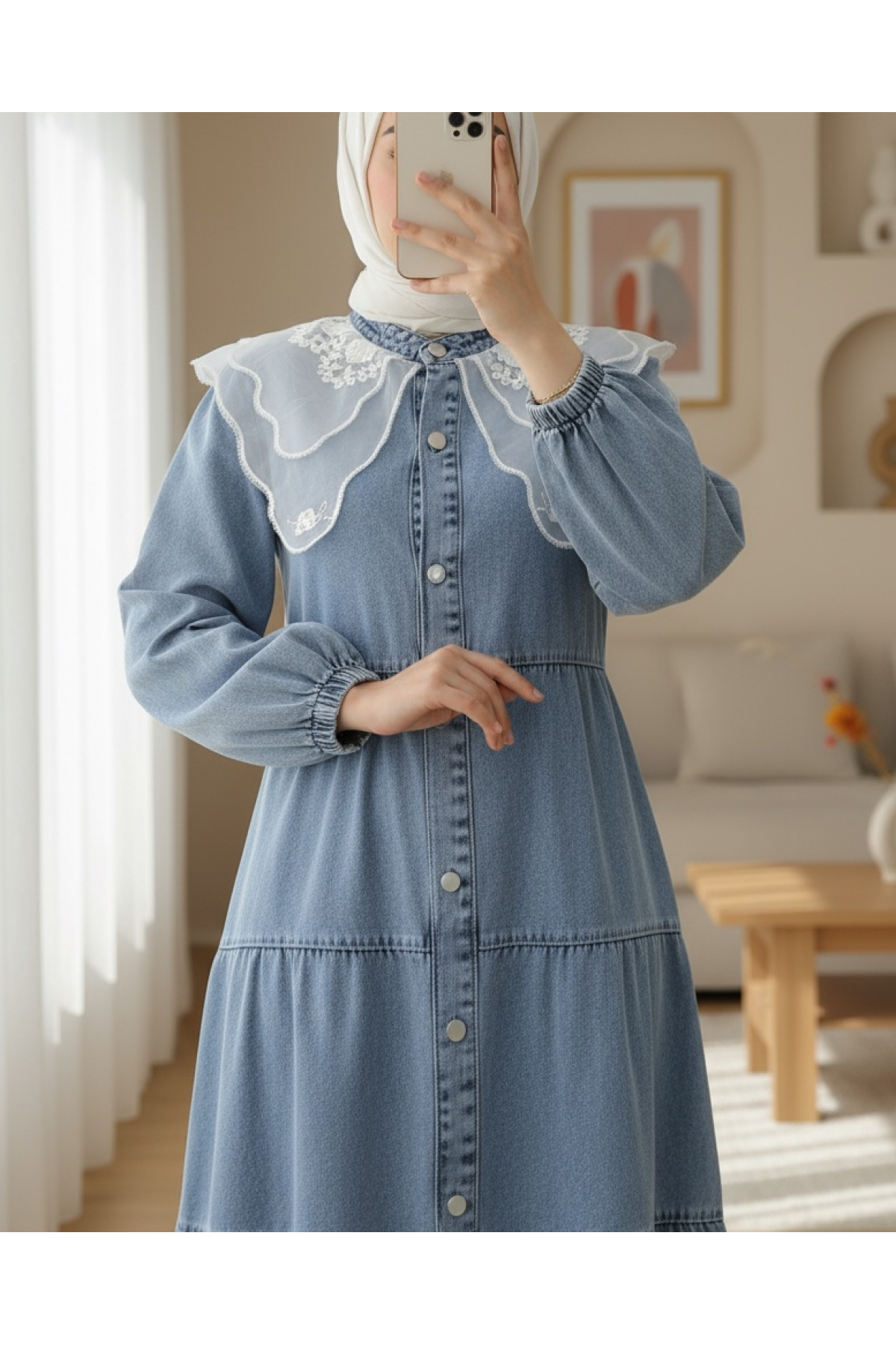 Denim Dress with Organza Tulle Detail on the Collar -Ice Blue