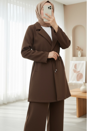 Kruvaze Yaka Çift Bağcıklı Ceket Pantolon Takım -Kahve