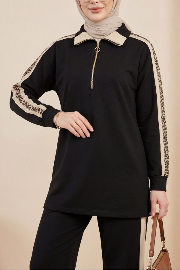 Collared, Half-Zip Jersey Set with Patterned Sides -Black