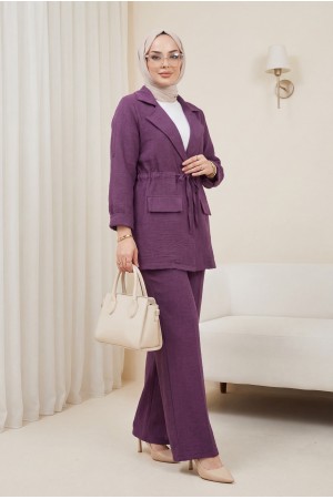 Kapaklı Tünel Köprülü Ceketli Keten Takım    -Mor