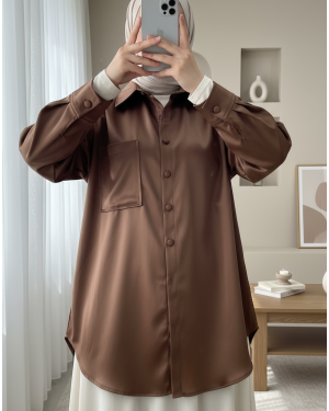 Tek Cepli Oval Kesim Deri Gömlek  -Kahve