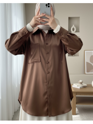 Tek Cepli Oval Kesim Deri Gömlek  -Kahve