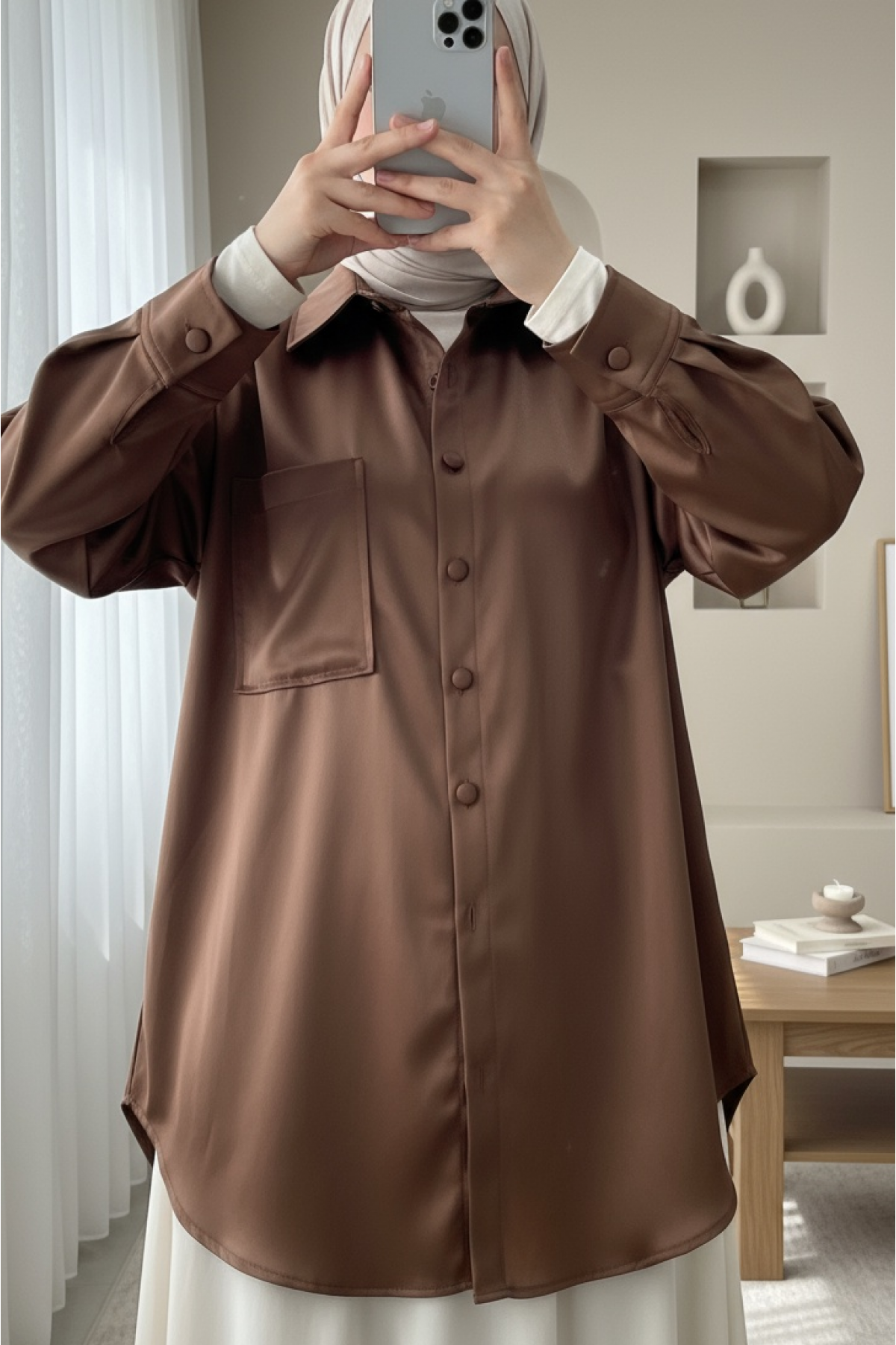 Single Pocket Oval Cut Leather Shirt  -Brown