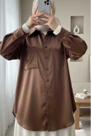 Tek Cepli Oval Kesim Deri Gömlek  -Kahve