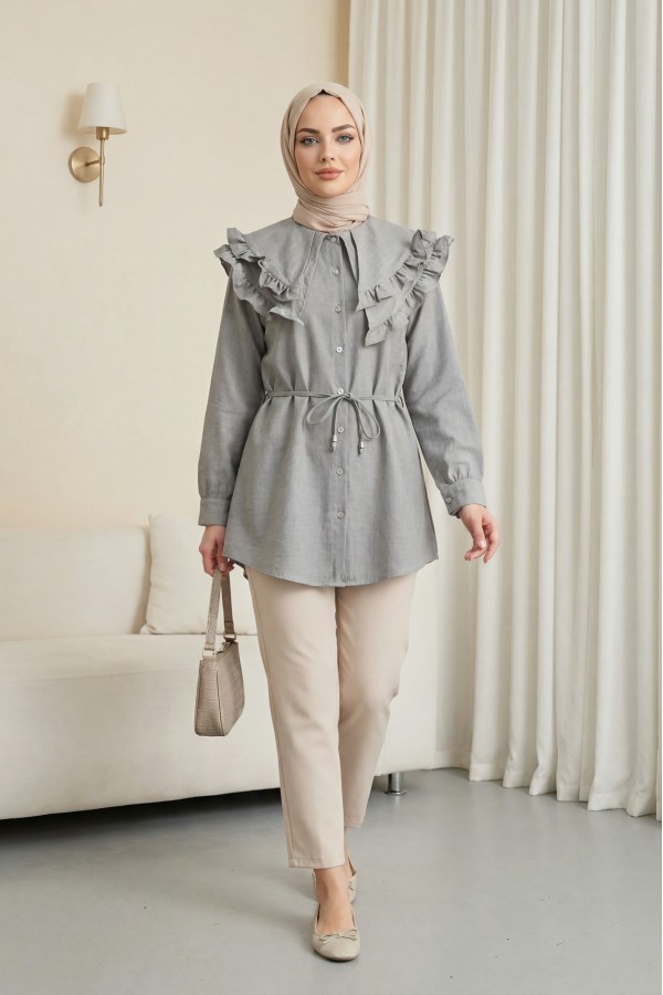 Linen Tunic with Double Layer Ruffled Collar, Buttoned Waist, and Drawstring -Grey