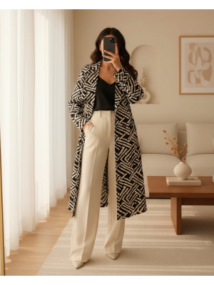 5853 Desenli Kruvaze Yaka Trençkot - C. Siyah