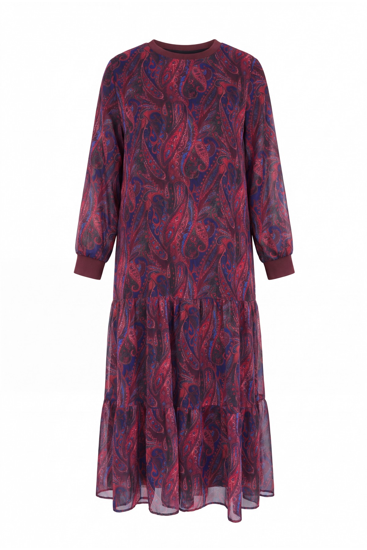 Ethnic Pattern Skirt Piece Lined Chiffon Dress   -Maroon