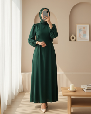 Hakim Yaka Belden Bağlamalı Elbise  -Zümrüt