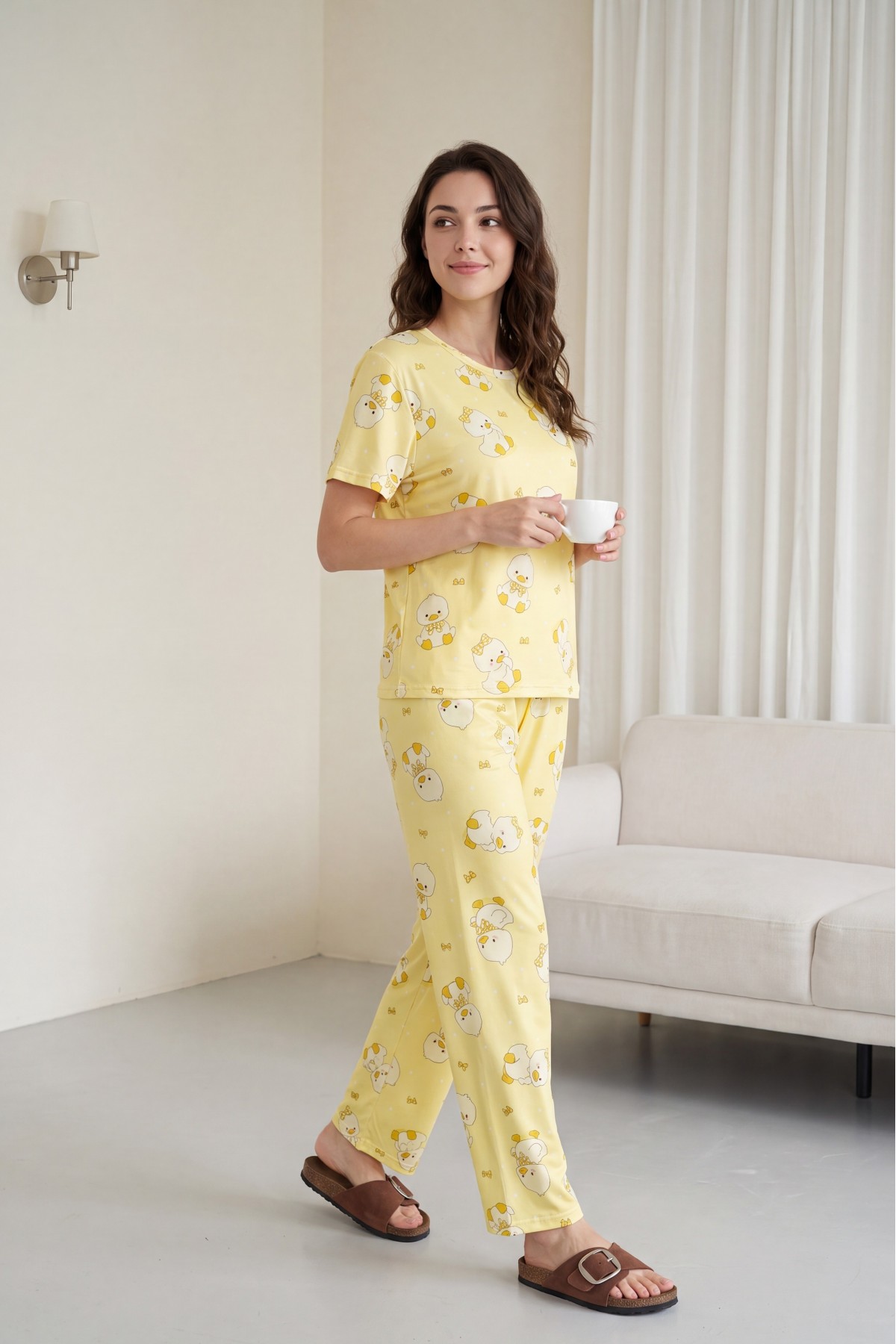 Duck Patterned Crew Neck Short Sleeve Cotton Pajama Set -Yellow