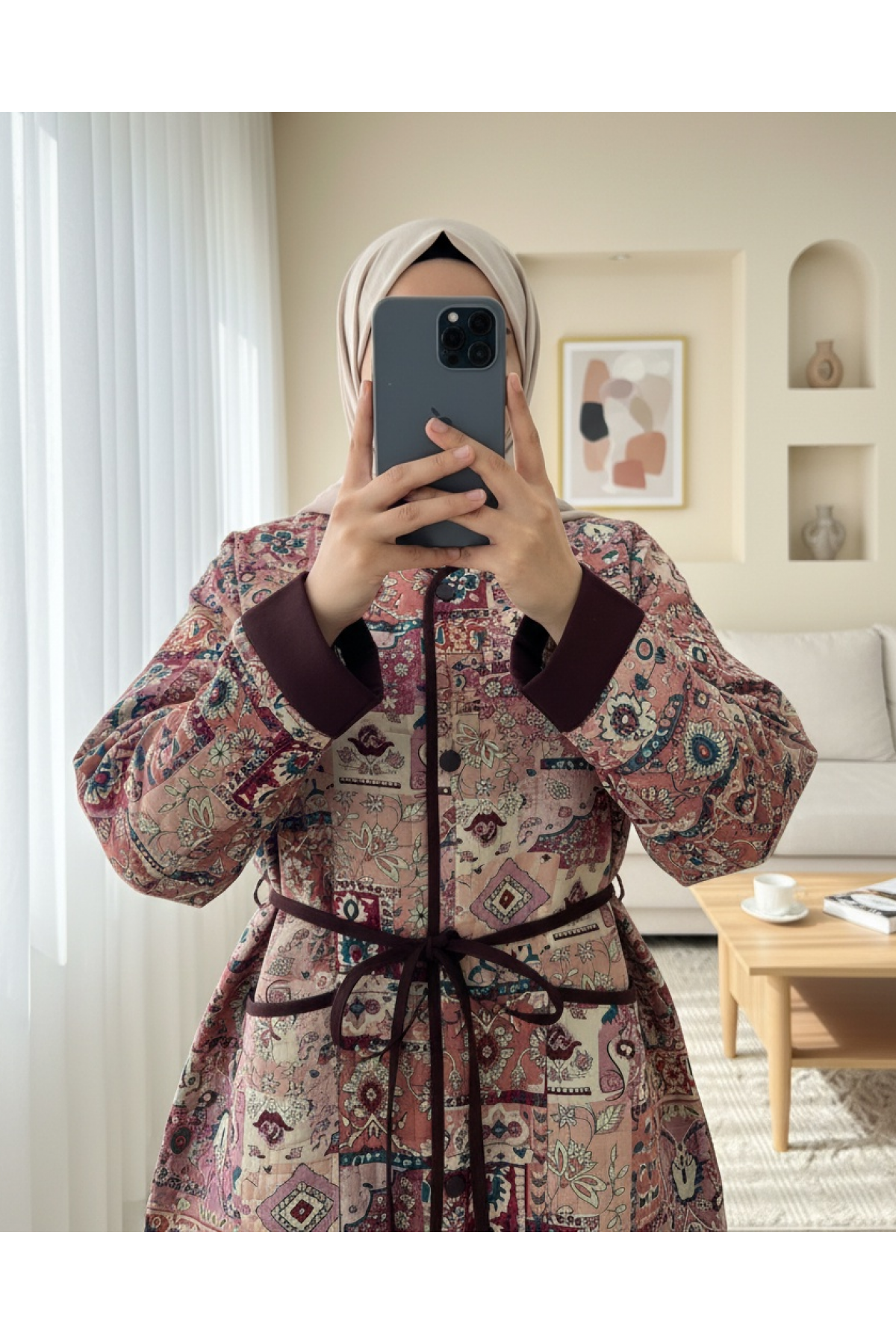 Ethnic Pattern Jacket with Folded Sleeves and Tied Waist -Dried rose