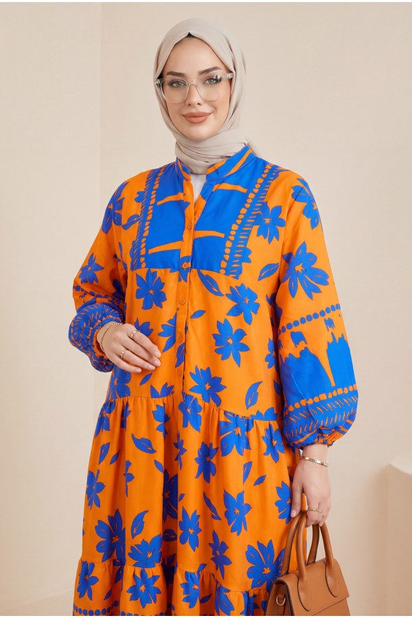 Half Buttoned Patterned Dress with Elastic Sleeves -Orange