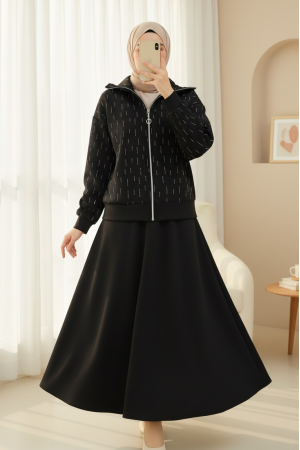 Önü Fermuarlı Boğazlı Taş Detaylı Scuba Takım  -Siyah