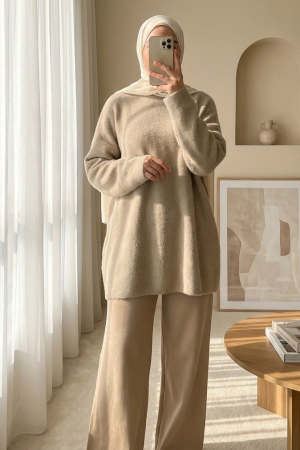 Sakallı Uzun Salaş Triko Tunik   -Vizon