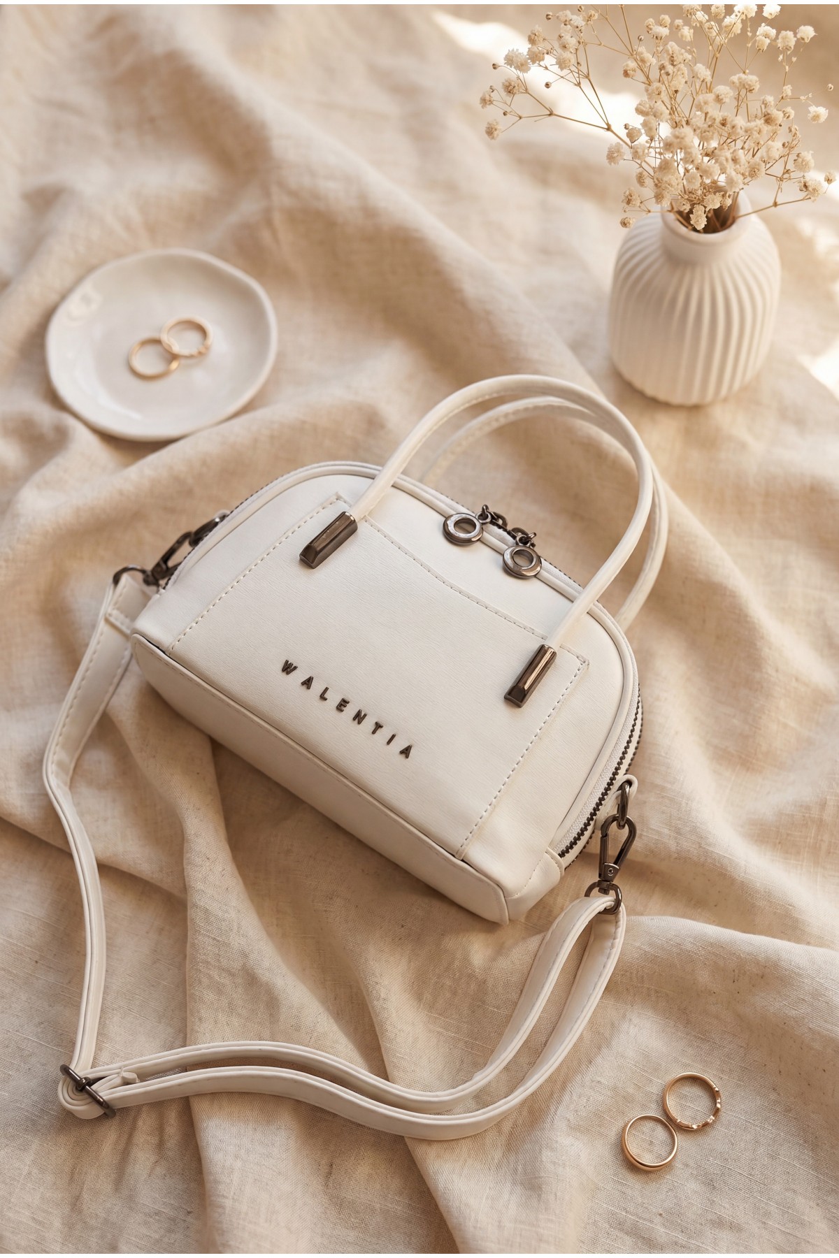 Short Handle Long Strap Double Zip Mini Bag -White