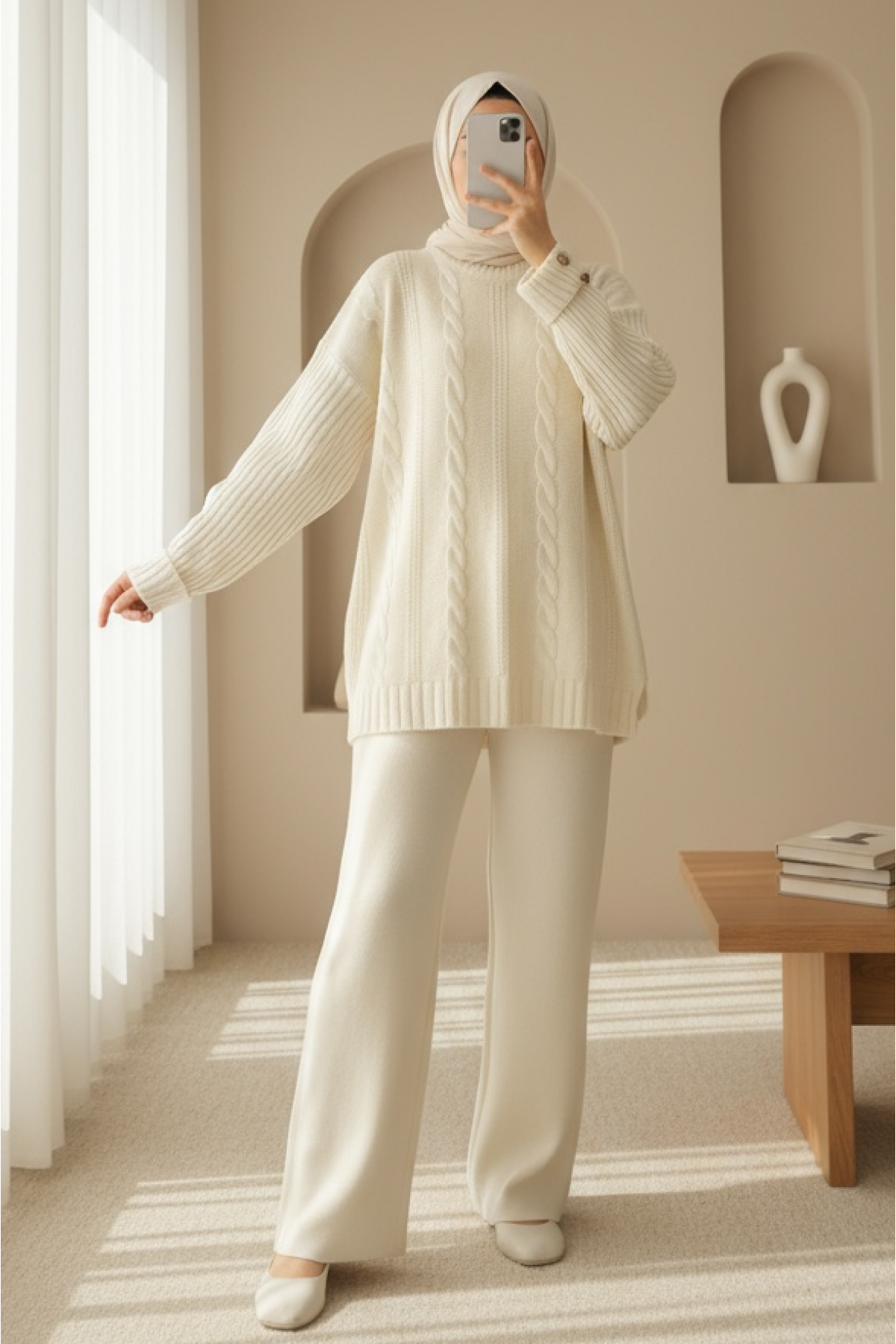 Hair Knitting Pattern Sleeve Button Detailed Knitwear Suit -Ecru