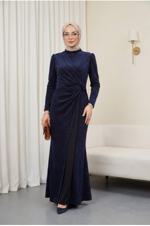 Beli Drapeli Önü Çift Kat Serpme Taş Detaylı Abiye -Laci