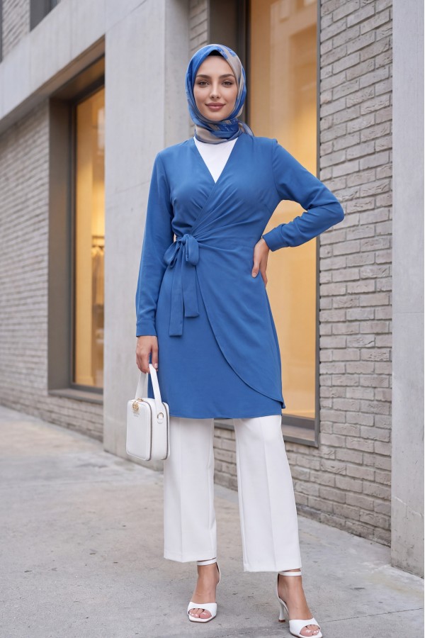 Double Breasted Collar Tied Frilled Ayrobin Dress       -İndigo