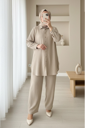 Düğmeli Uzun Pantolonlu Krinkıl Takım   -Vizon