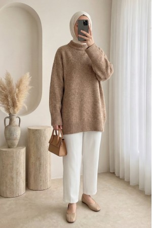 Yarım Boğazlı Yumoş Salaş Triko Kazak  -Vizon